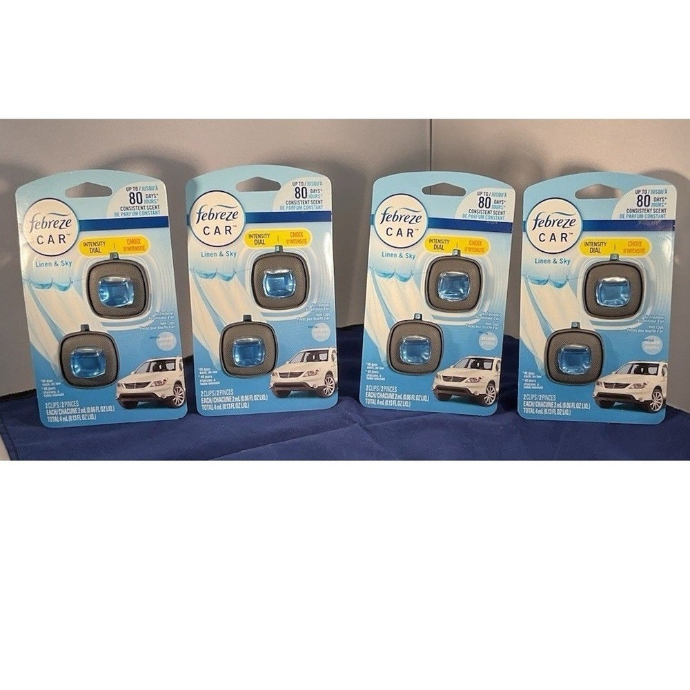 Febreze Car Vent Clip Air Freshener, Linen Sky 2 Pack Lot Of 4